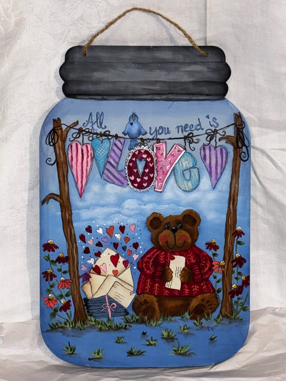 Hand Painted Teddy Bear Love Mason Jar Wood Folk Art Wall Plaque Signed BF